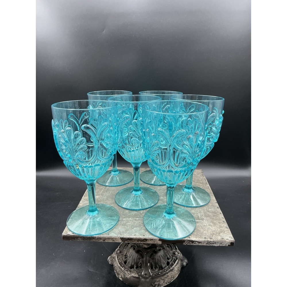 Set of 6 Le Cadeaux Outdoor Plastic Goblets Wine Glasses Fleur Teal Turquoise